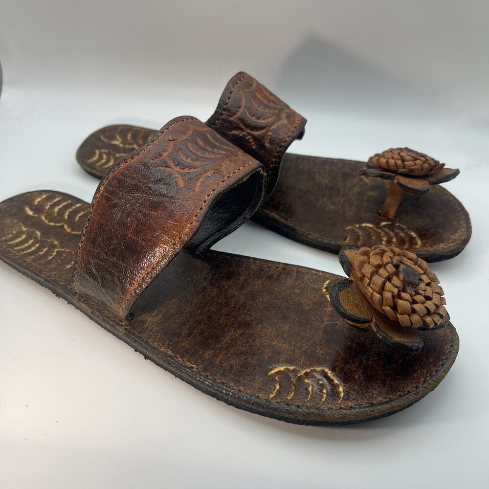 Brown Flower Hand Stitch Embroidered Sandals